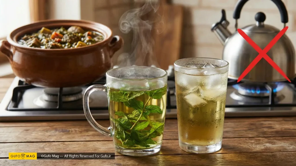 ممنوعیت گرم کردن مجدد دمنوش روی گاز و نمایش دمنوش تازه در کنار لیوان آیستی