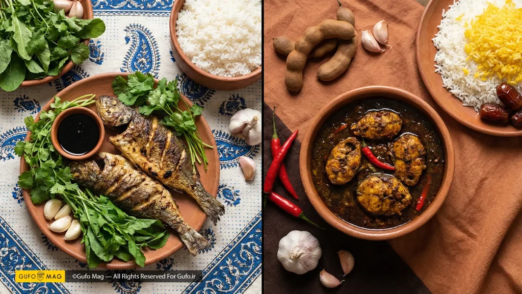 مقایسه تصویری ماهی سرخ‌شده شمالی با کته و قلیه ماهی جنوبی با پلو