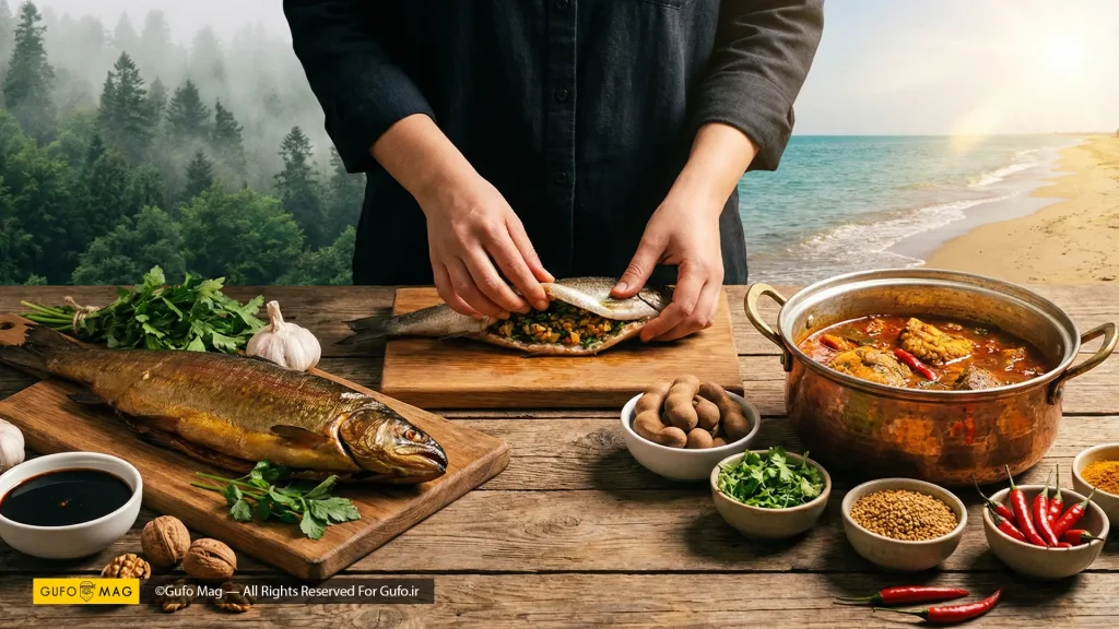 آماده‌سازی ماهی شکم‌پر با تلفیق مواد و پس‌زمینه‌های شمال و جنوب ایران