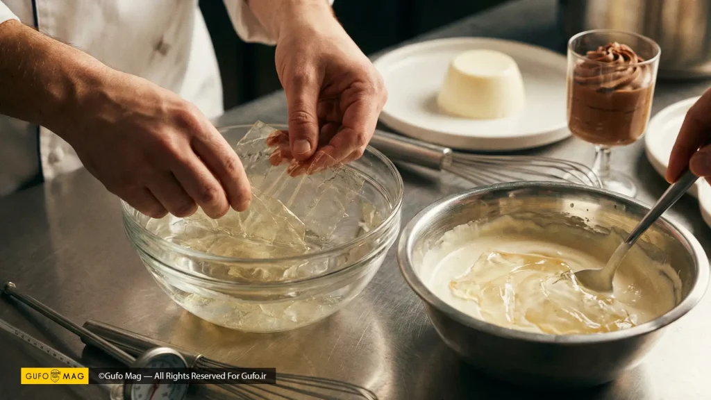 آمادهسازی ژلاتین در کنار دسرهای آماده مثل پاناکوتا و موس