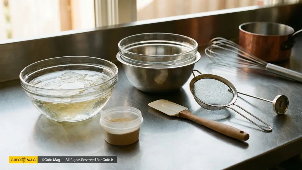 مجموعه کامل ابزار کار با ژلاتین شامل کاسههای بنماری، لیسک، دماسنج و صافی