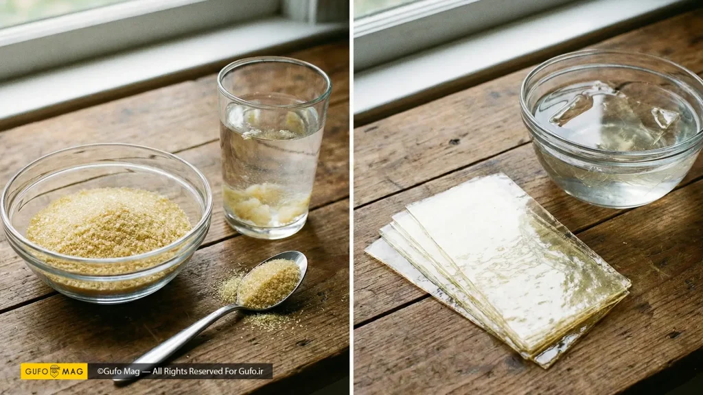 تصویر مقایسهای پودر ژلاتین دانهای و ورقهای ژلاتین شفاف در حال خیس خوردن در آب