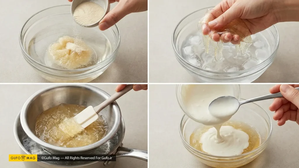 شکفتن پودر و ورق ژلاتین، ذوب کردن و همدما کردن با مخلوط