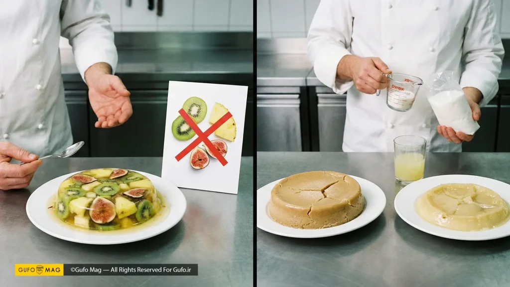 دو نمونه دسر ناموفق؛ ژله میوهای نبسته با میوههای آنزیمدار و دسر سفت و ترک خورده