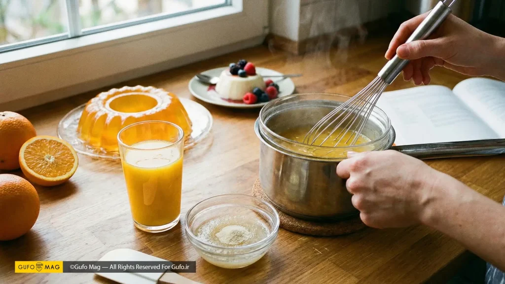 مراحل تهیه ژله پرتقال طبیعی در خانه؛ همزدن ژلاتین ذوب شده با آبمیوه در آشپزخانه