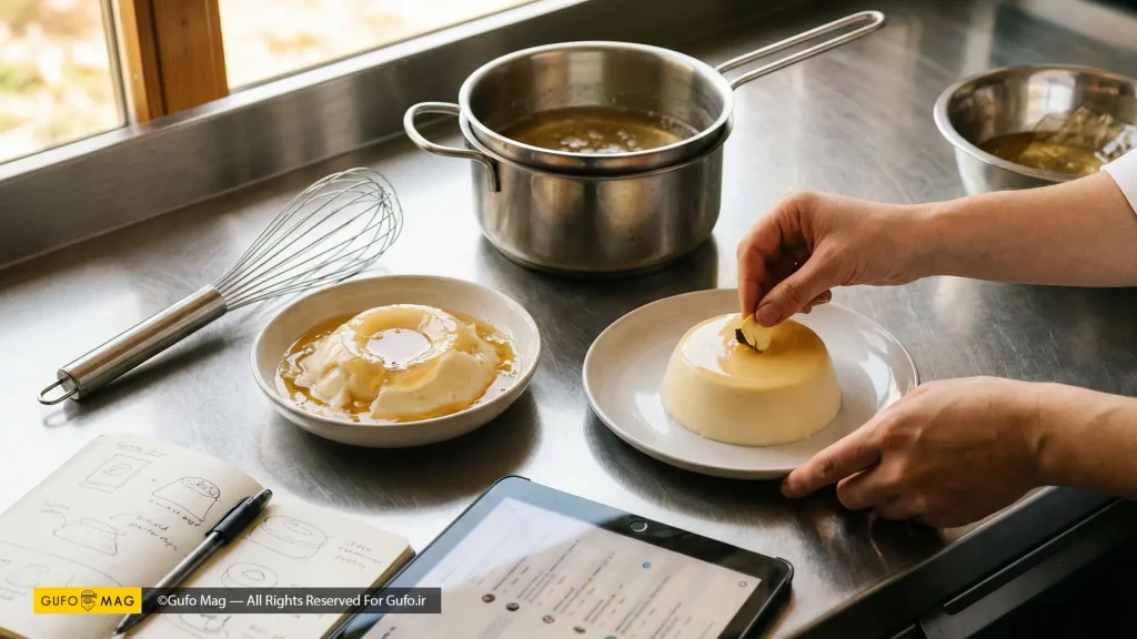 دست سرآشپز در حال تزیین دسر موفق پاناکوتا در کنار یک دسر ناموفق و دفترچه یادداشت