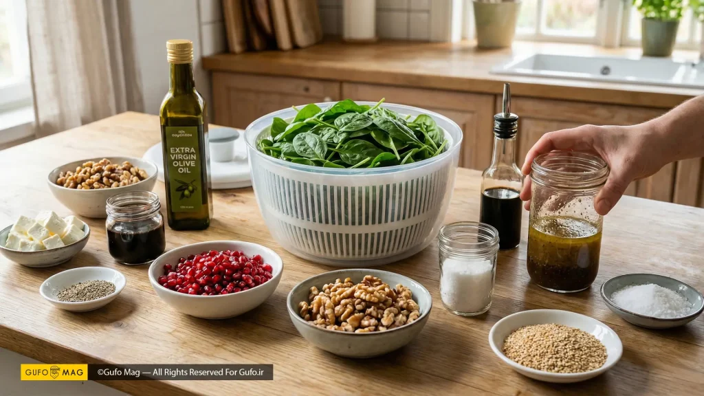 چیدمان مواد اولیه سالاد اسفناج شامل انار، گردو، رب انار و سبزی تازه