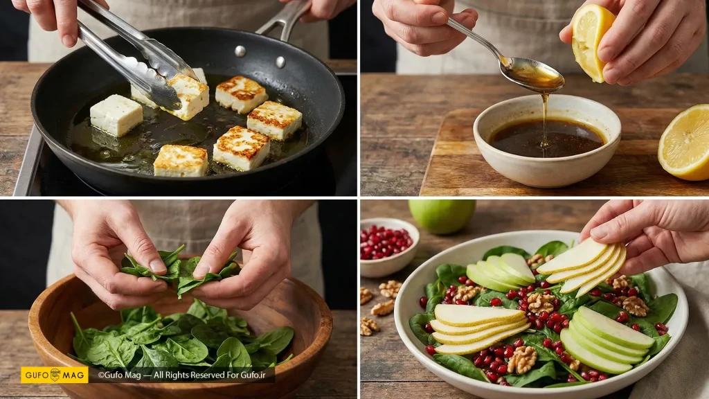 نمای نزدیک از بافت گردوی برشته و پنیر فتا در سالاد اسفناج