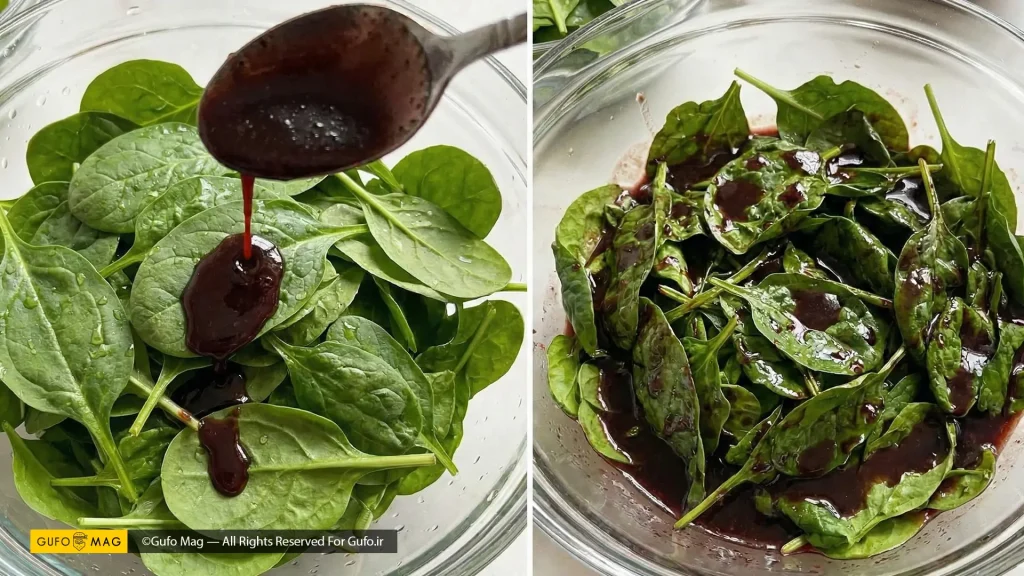 سالاد اسفناج با سس رب انار براق و برگهای کاملاً خشک و ترد