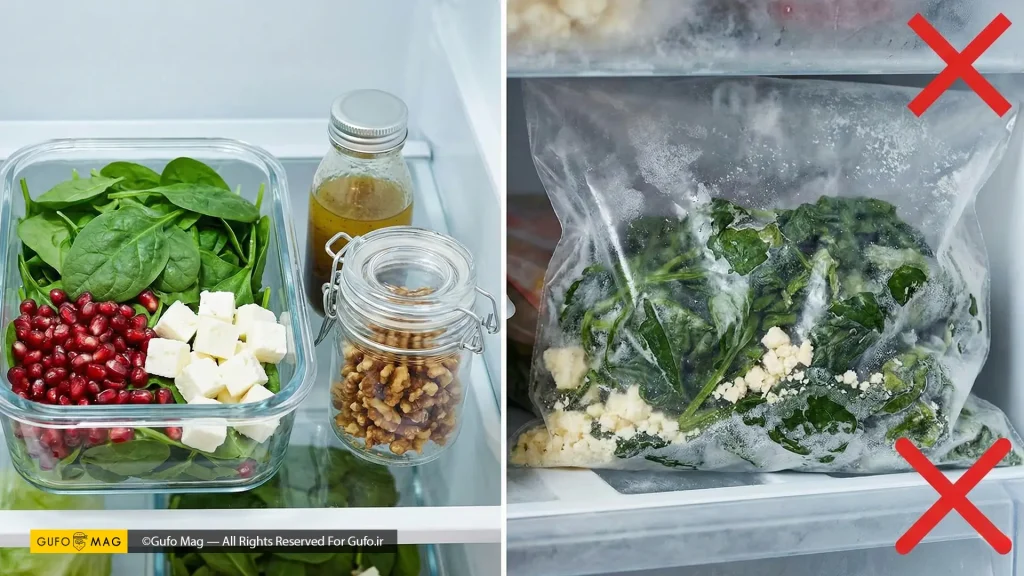 کاسه سالاد اسفناج و انار تازه آماده برای سرو یا نگهداری