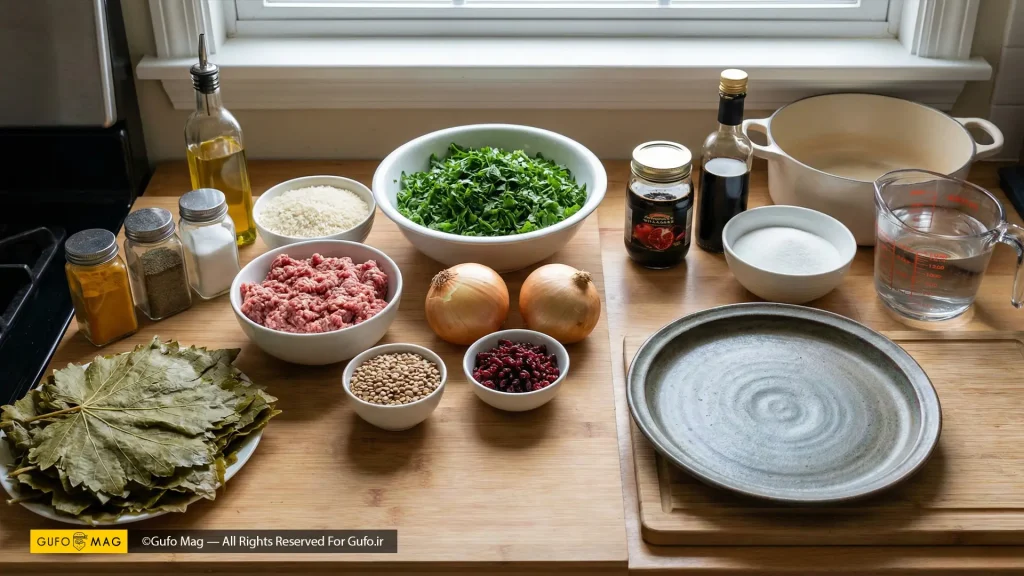 مواد اولیه و تجهیزات لازم برای تهیه دلمه برگ مو