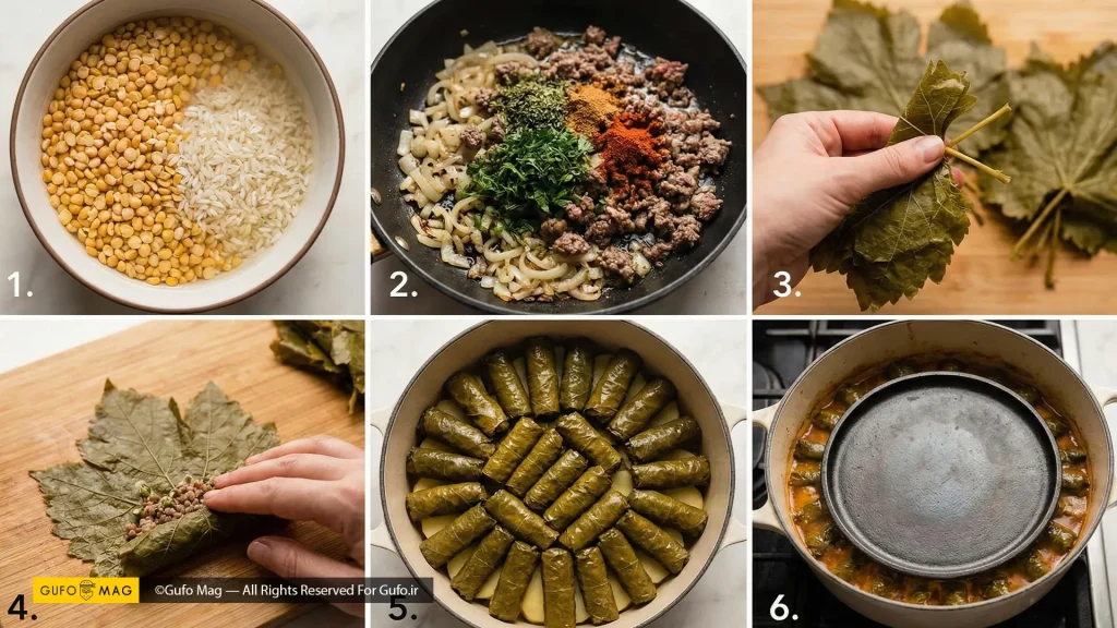 آموزش گام‌به‌گام آماده‌سازی مواد، پیچیدن اصولی و پخت دلمه برگ مو