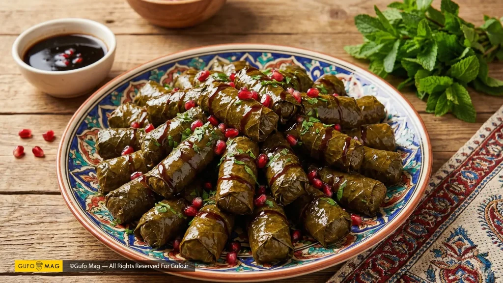 دیس دلمه برگ مو ملس که با دانه‌های انار و نعنای تازه تزئین