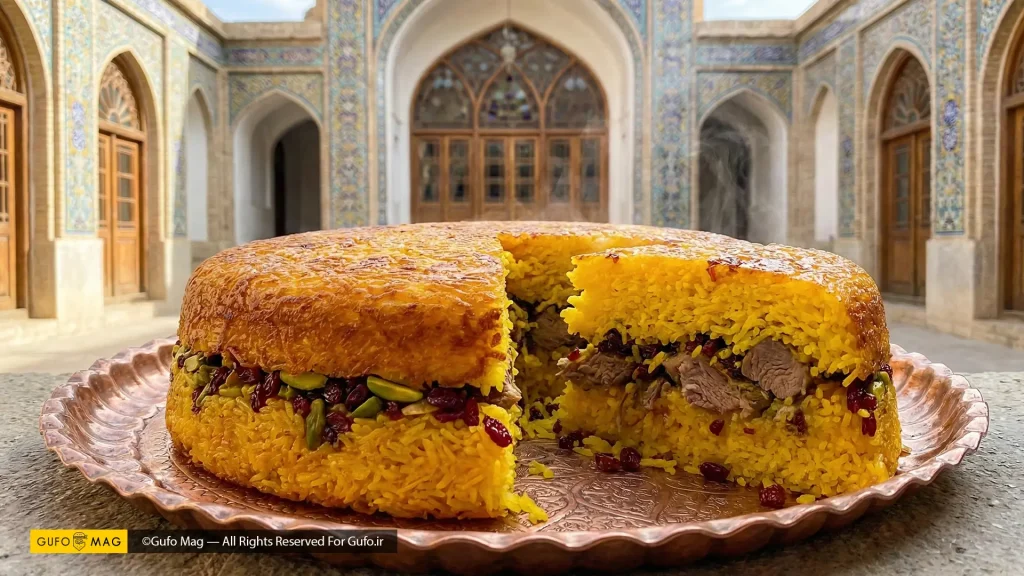  ته چین زعفرانی برش خورده در سینی مسی