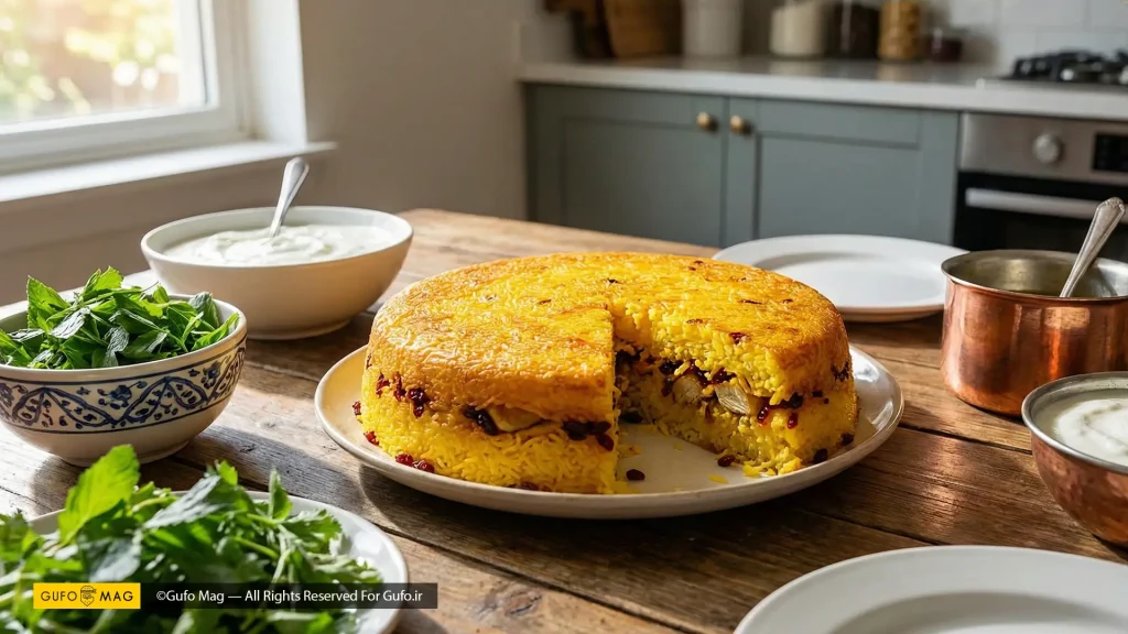 ته چین خانگی برش خورده روی میز ناهارخوری