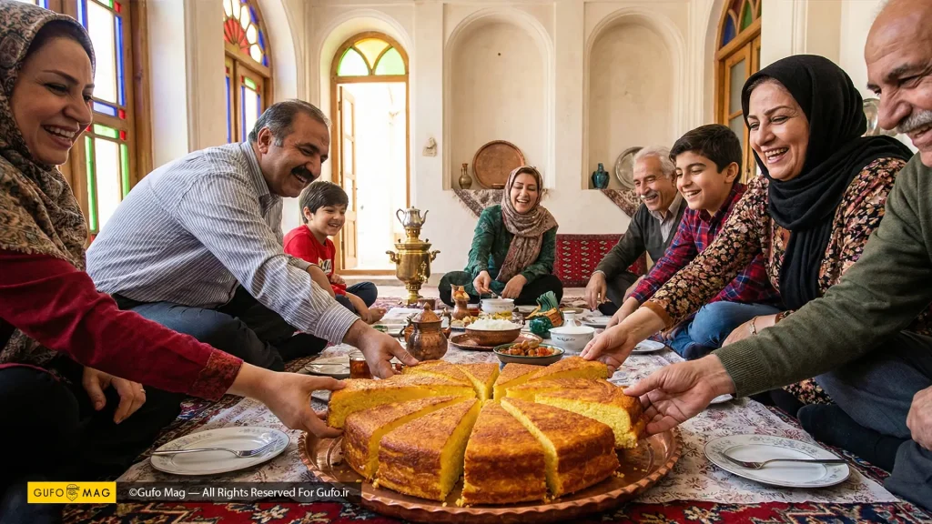 خانواده ایرانی دور سفره در حال تقسیم ته چین
