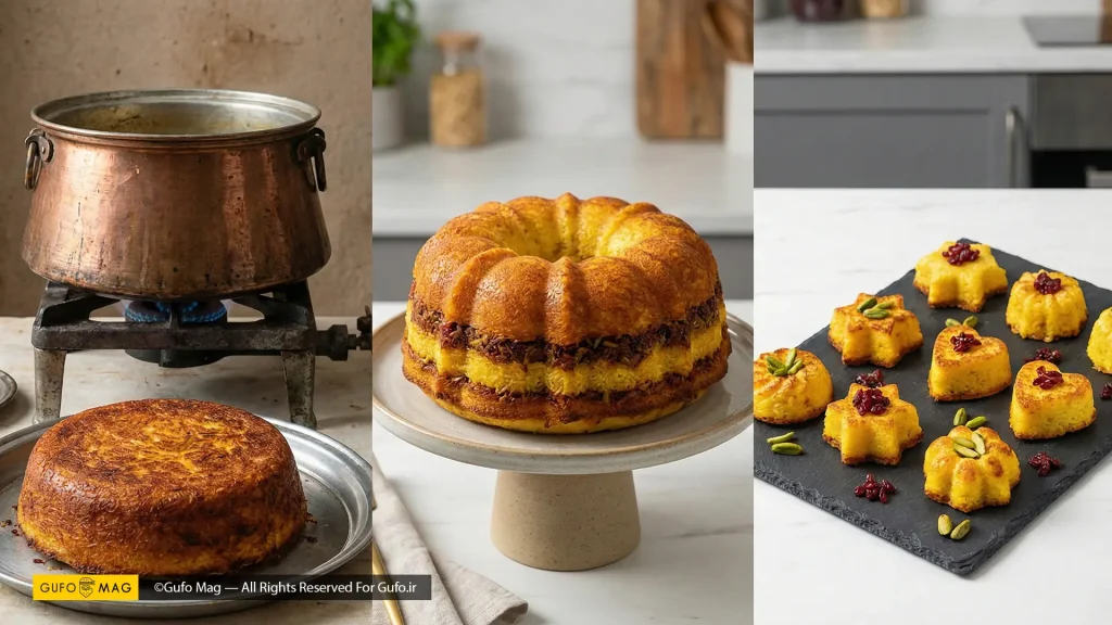 تصویر مقایسه‌ای از ته چین‌های سنتی، قالبی مدرن و فینگر فود