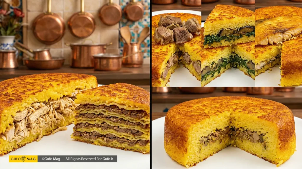 انواع مختلف ته چین ایرانی شامل مرغ، گوشت، بادمجان و لازانیا