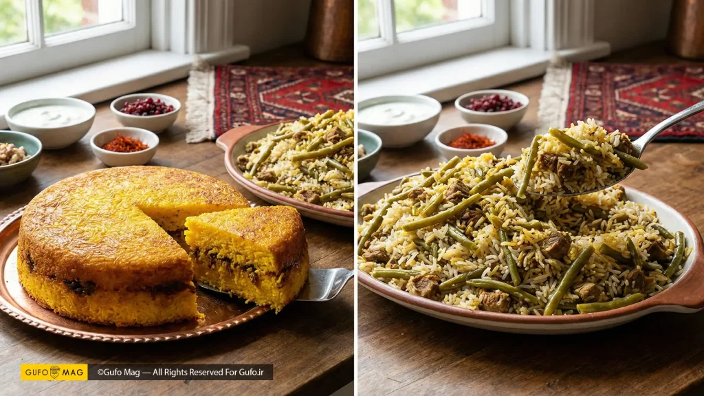 مقایسه ظاهری ته چین قالبی و دیس لوبیا پلو در کنار هم