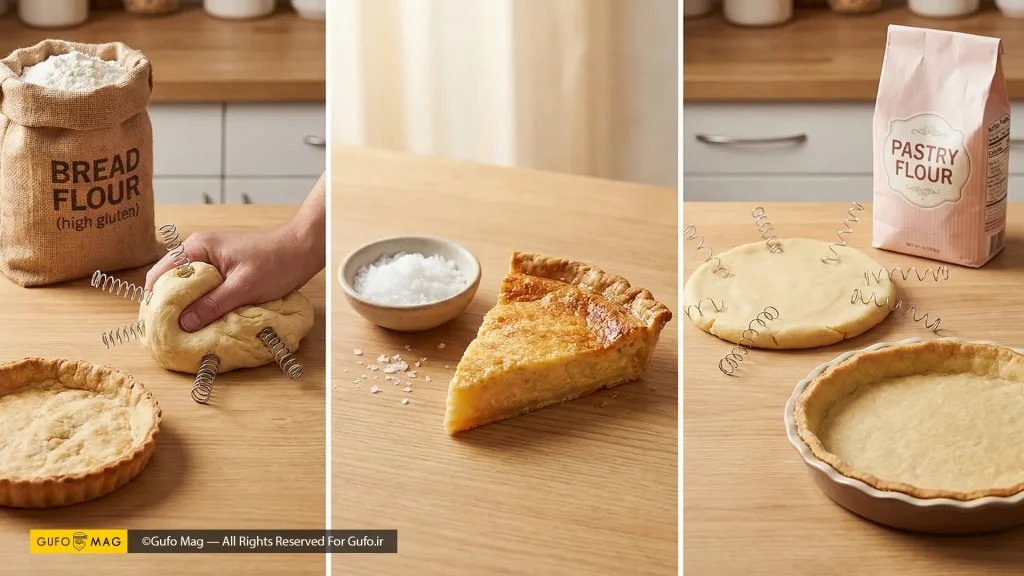 سه تصویر که اشتباهات رایج در پخت تارت مثل ورز دادن زیاد و انتخاب آرد غلط
