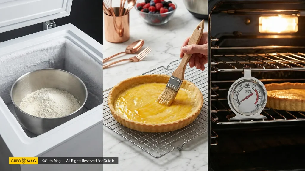 تکنیک‌های حرفه‌ای شامل سرد کردن آرد، رومال زدن کف تارت و استفاده از دماسنج فر