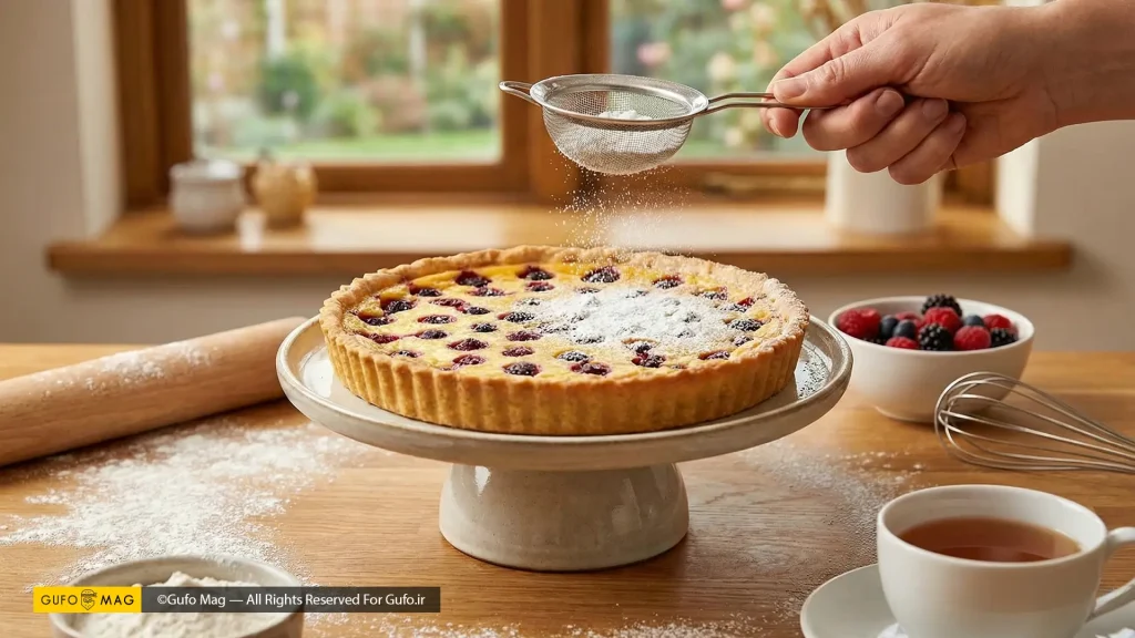 پاشیدن پودر قند روی تارت میوه‌ای آماده شده به عنوان مرحله نهایی