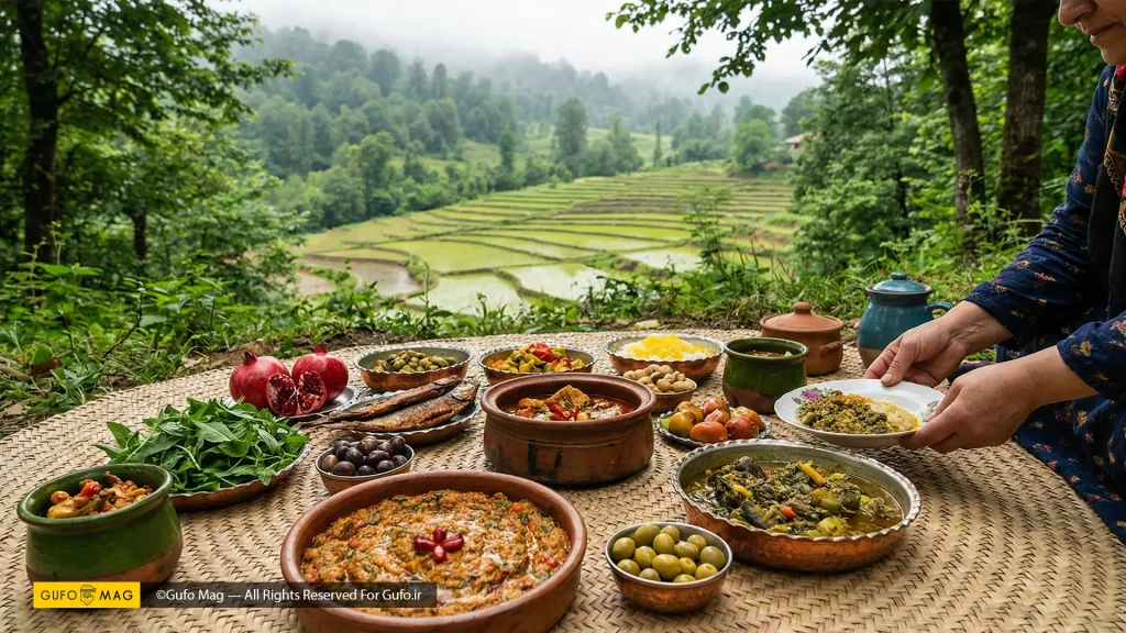 سفره رنگین و سنتی غذای گیلانی در طبیعت سرسبز و مه‌آلود شمال