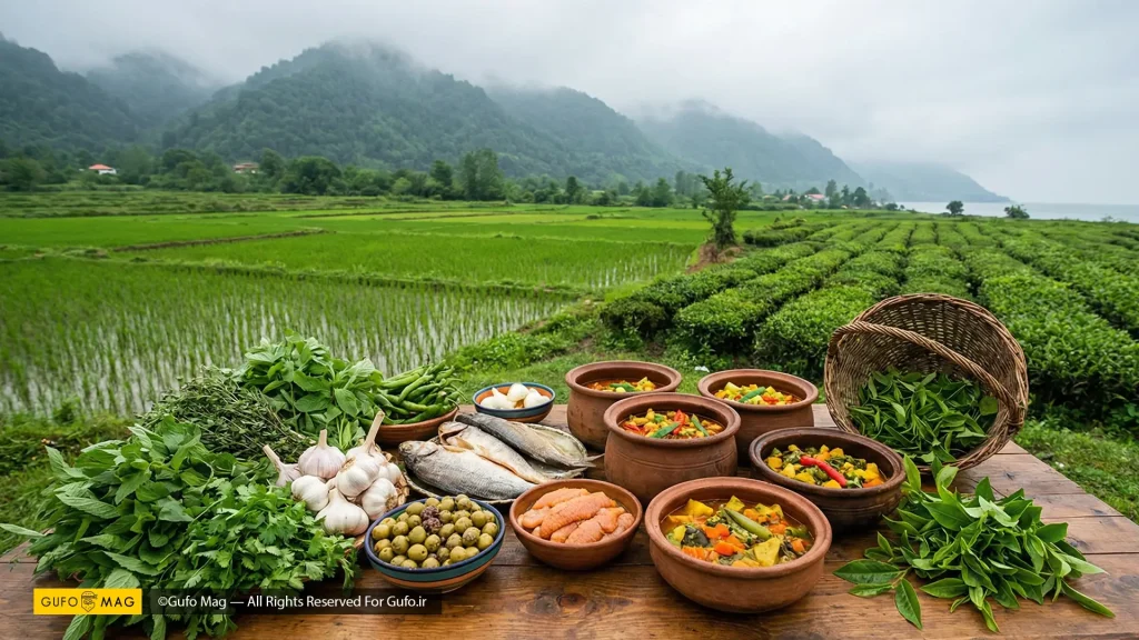 مواد اولیه تازه گیلانی در پس‌زمینه شالیزار و کوه