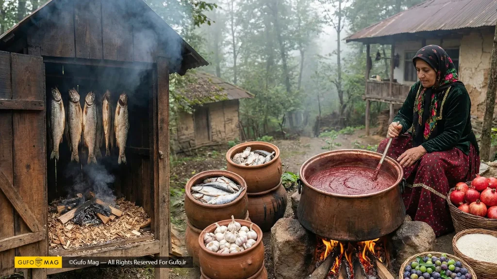 دودی کردن ماهی و پخت رب انار در فضای روستایی گیلان