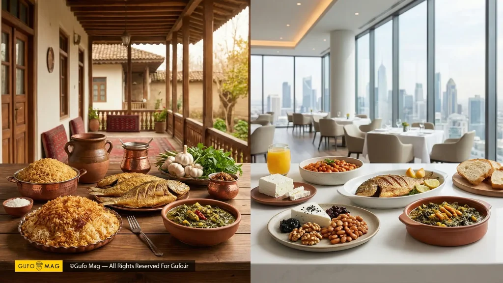 تقابل سفره سنتی گیلانی با سرو مدرن رستورانی