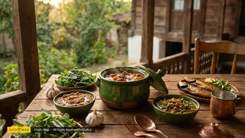 خورشت بخارپز در گمج سفالی روی ایوان خانه روستایی