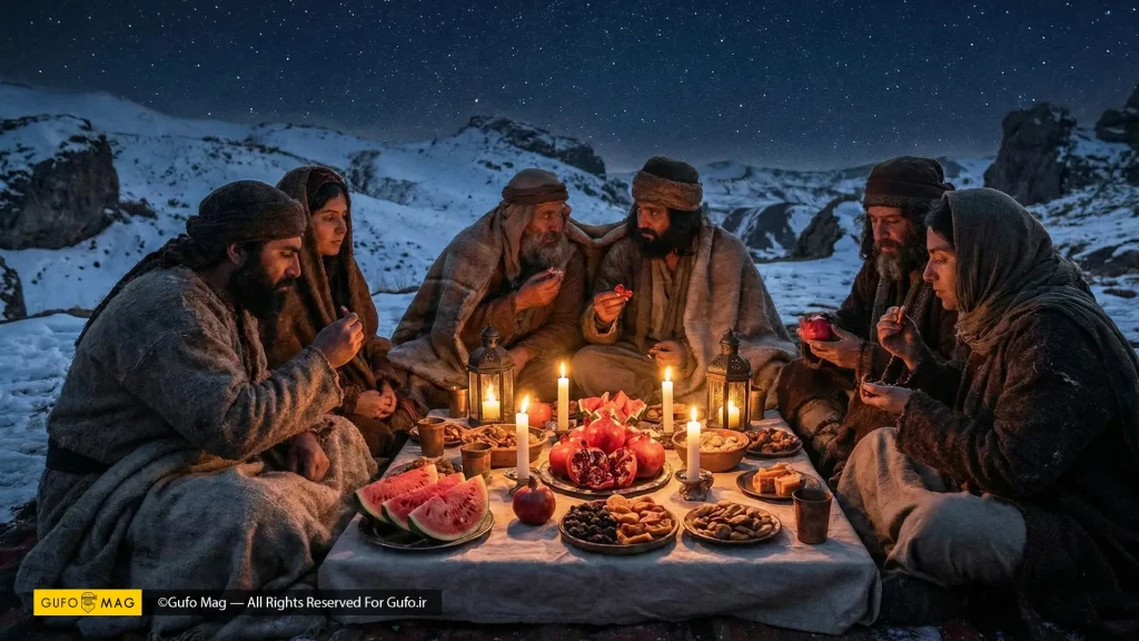 آیین شب یلدا در فضای باز برفی و زیر نور ستارگان