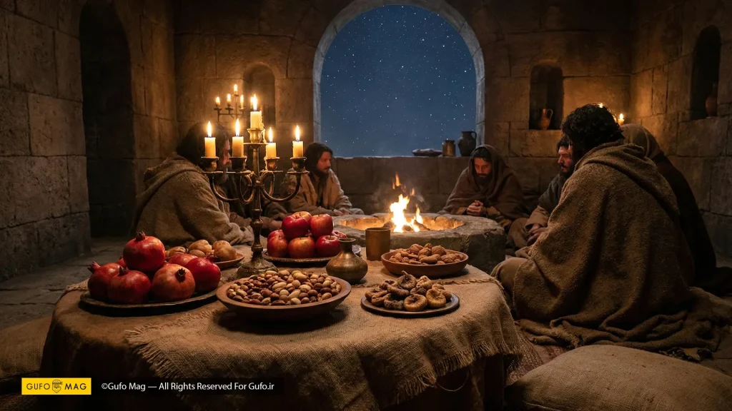دورهمی تاریخی شب یلدا دور آتشدان و سفره‌ای پر از انار در اتاقی سنگی