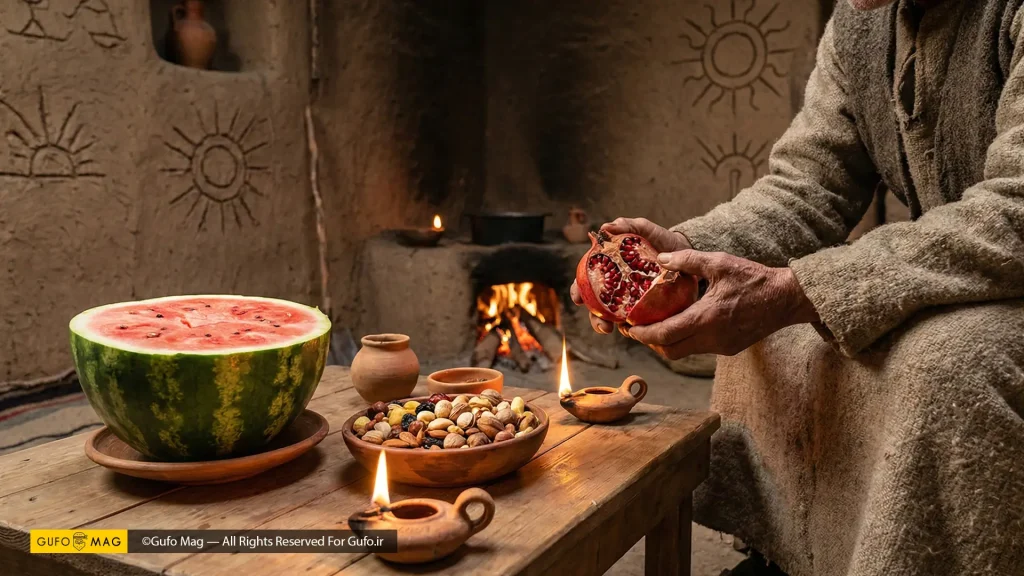 حال آماده‌سازی انار و هندوانه شب یلدا زیر نور چراغ در خانه کاهگلی قدیمی