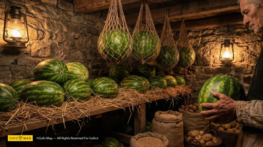 انبارداری سنتی هندوانه در زیرزمین سنگی و خنک با استفاده از تور و پوشال برای شب یلدا