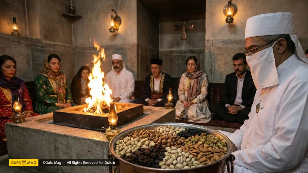 موبد زرتشتی و خانواده در کنار آتشدان و آجیل لرک در آتشکده