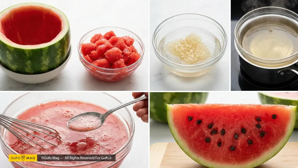 مراحل تهیه ژله هندوانهای: خالی کردن پوسته، بنماری ژلاتین، مخلوط کردن مواد و برش نهایی