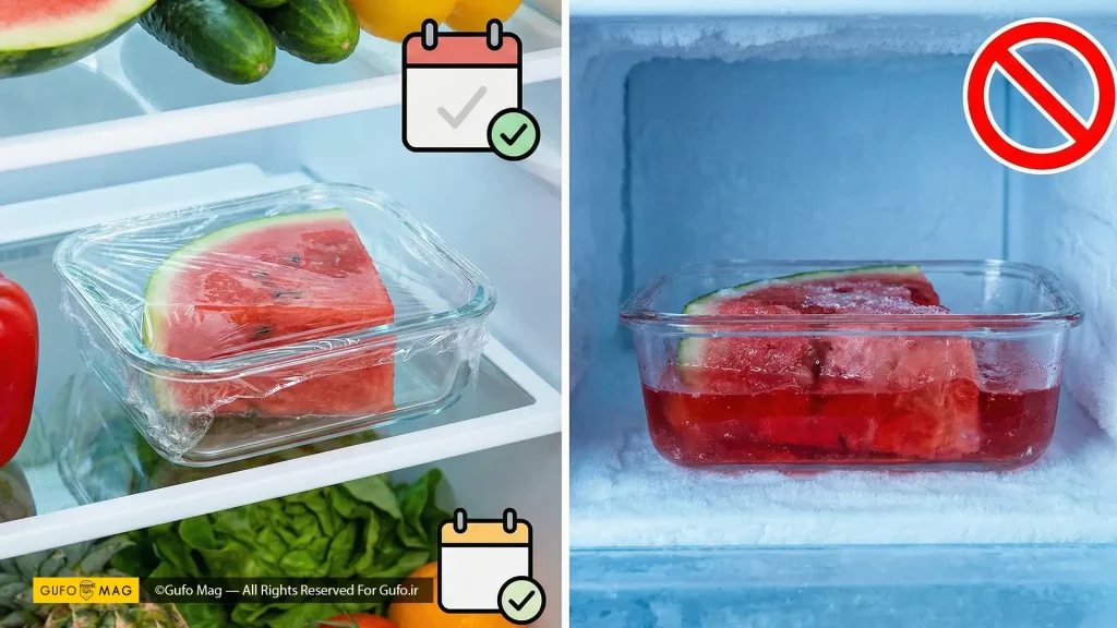 نگهداری صحیح در یخچال (سمت چپ) و ممنوعیت قرار دادن در فریزر (سمت راست)
