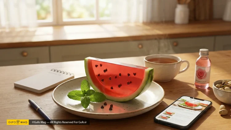 برش ژله هندوانه‌ای با چیپس شکلات