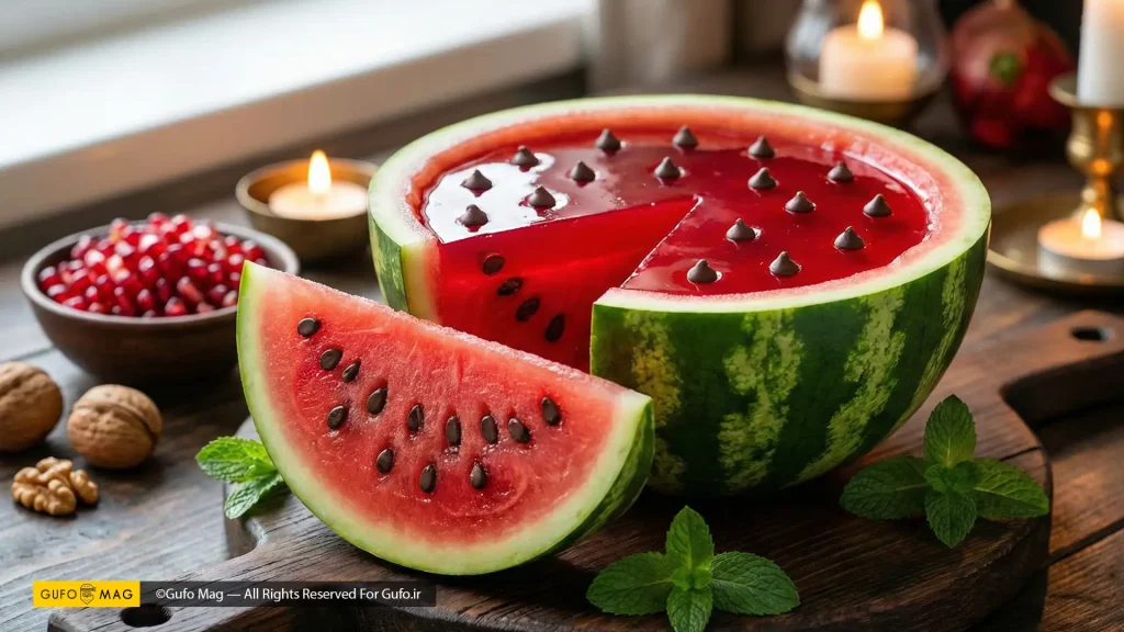 ژله هندوانهای کامل و برشخورده با تزئین چیپس شکلات روی تخته سرو