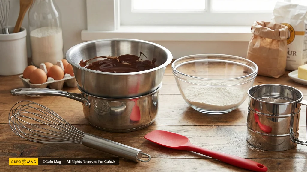 ابزارهای مخلوط‌کردن شامل همزن دستی، لیسک سیلیکونی، الک و کاسه‌های مخلوط‌کردن مواد