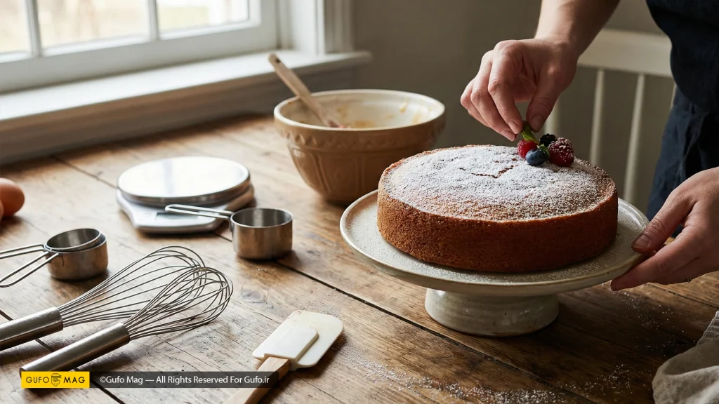 کیک ساده و زیبا روی پایه کیک، در حال تزیین نهایی با پودر قند و میوه