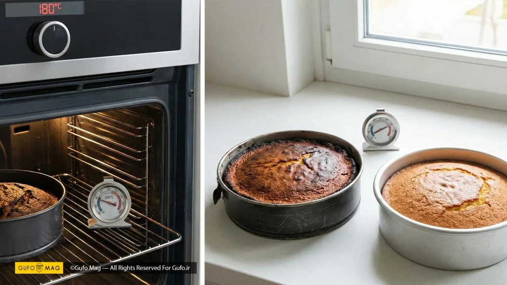 اشتباهات رایج شامل مقایسه قالب تیره و روشن و نمایش دماسنج داخل فر برای جلوگیری از سوختن کیک