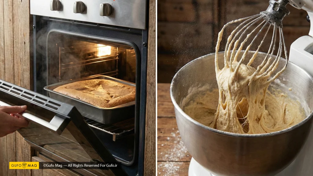 دو اشتباه رایج دیگر شامل باز کردن در فر حین پخت و هم زدن بیش از حد خمیر
