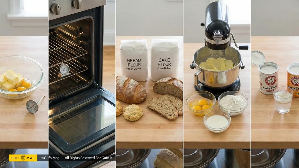 پنج اصل مهم شیرینیپزی شامل دمای مواد، فر، انواع آرد، ترتیب ترکیب مواد
