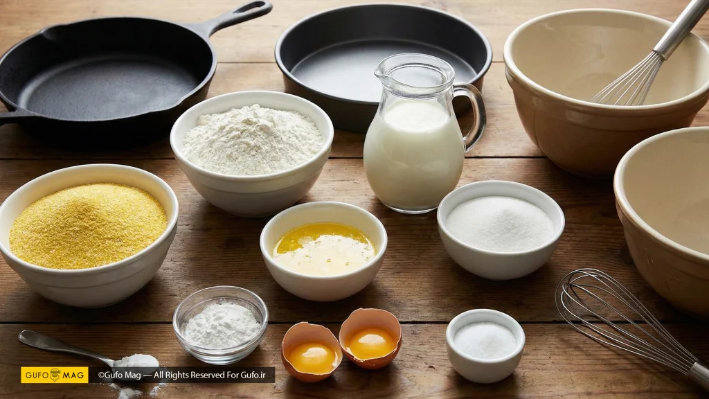 مواد اولیه و ابزار لازم برای تهیه نان ذرت شامل آردهای مختلف، لبنیات، تخم‌مرغ و ظروف