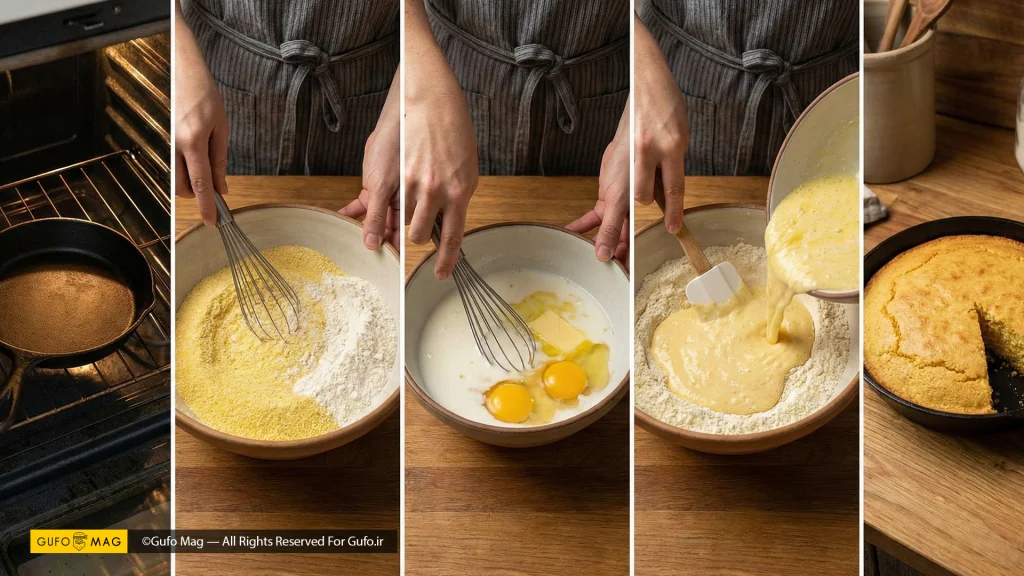 مراحل پخت نان ذرت از آماده‌سازی تابه و ترکیب مواد خشک و تر تا نان نهایی پخته شده در فر