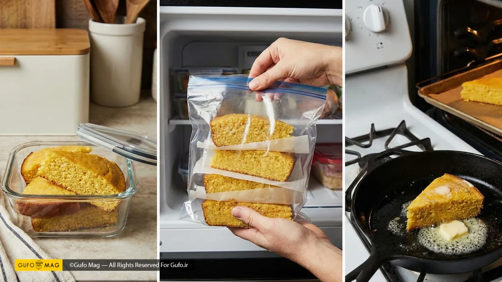 روش‌های نگهداری و گرم کردن نان ذرت شامل  قرار دادن در ظرف دربسته یخچال، فریز کردن برش‌ها، و گرم کردن مجدد در تابه.