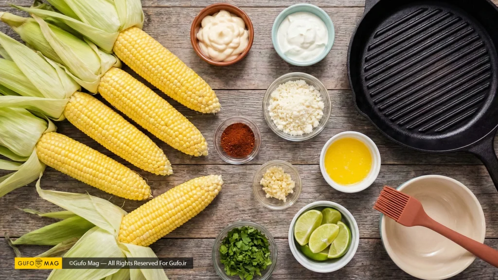 چیدمان تمام مواد اولیه و تجهیزات لازم برای تهیه ذرت مکزیکی