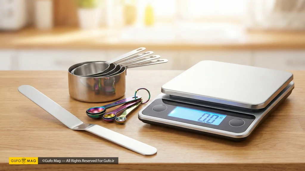 ست کامل ابزار اندازه‌گیری شامل ترازوی دیجیتال و پیمانه‌های استاندارد